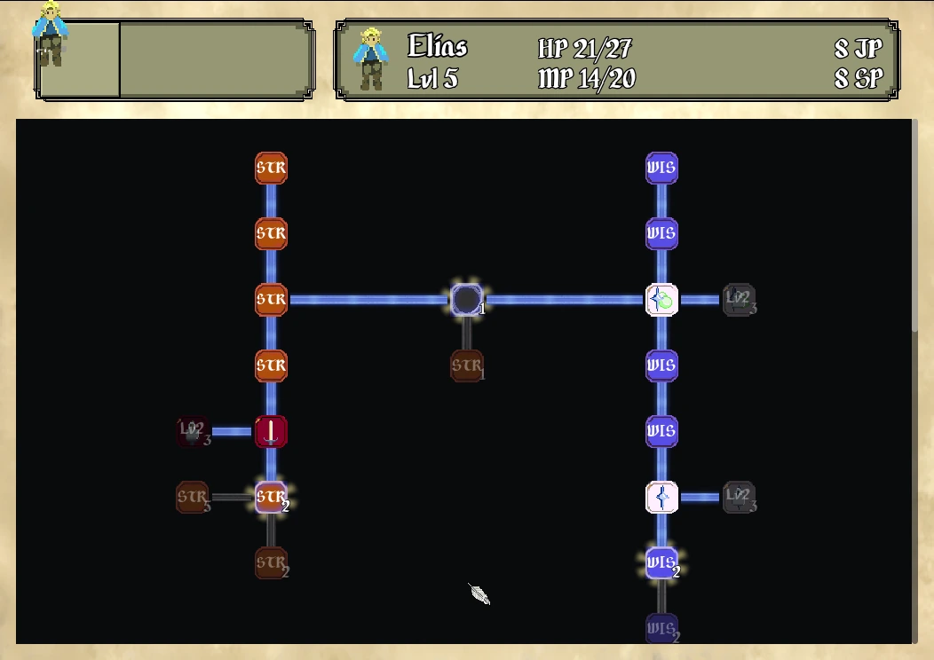 The skill tree, unlock nodes to grow each hero