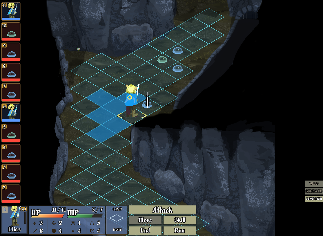 Move selected. The solid cells are where this unit can reach this turn.