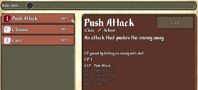 The Skills menu, your skills, the Relic Slots, and the skill detail panel.