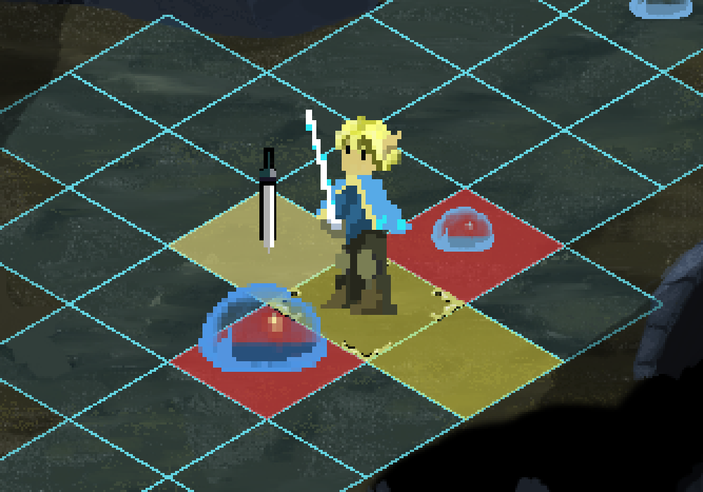 Elias' normal attack reaches one cell: the four neighbours light yellow, red where a slime stands, grey under the cursor.